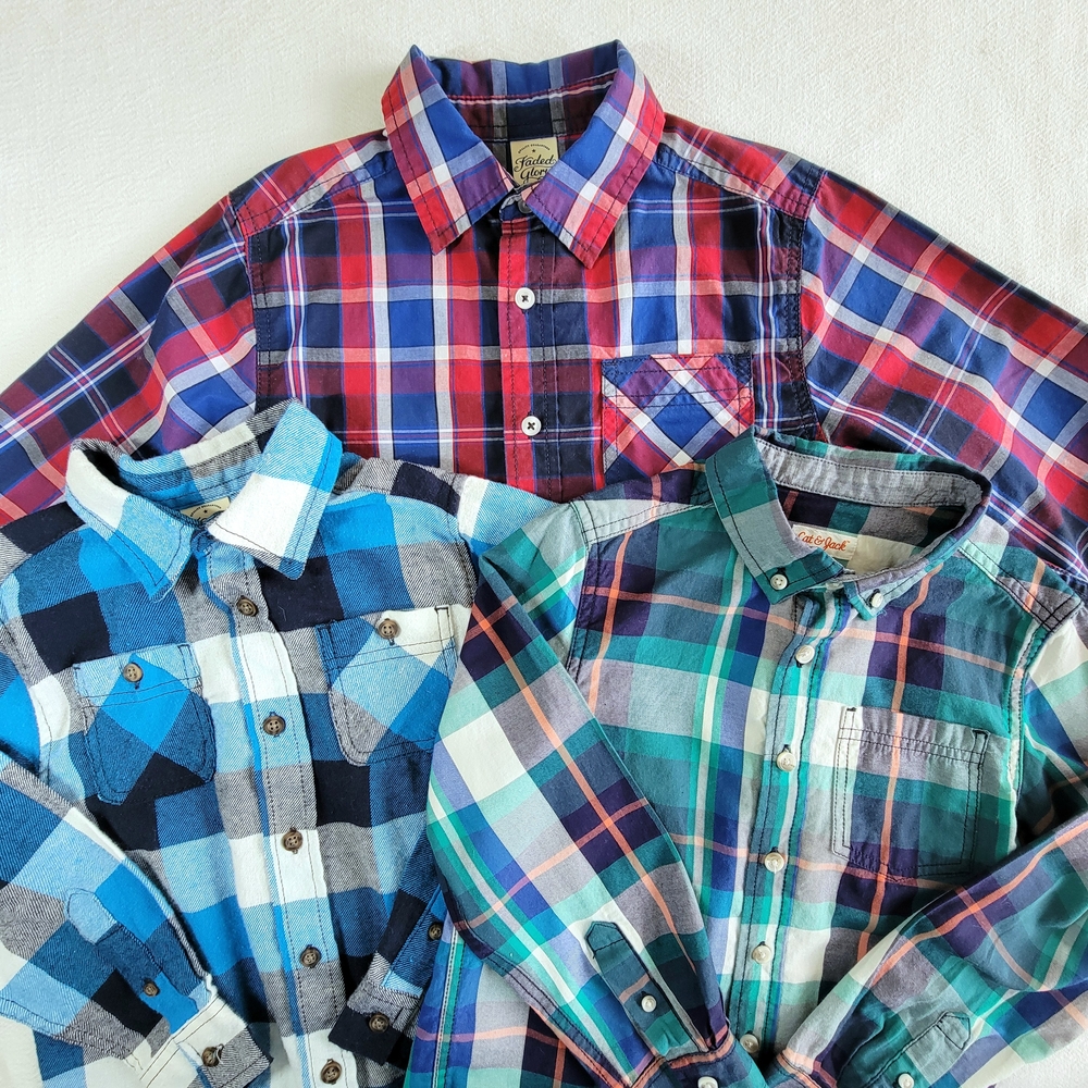 Lot of 3 Boys Long Sleeve Plaid Button Up Shirts Size S 6-7 Faded Glory Cat Jack